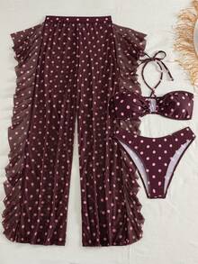 Swim Vcay Women's Summer Beach Vacation Pink Halter Neck Tie Sexy Tropical Bikini And Triangle Bottoms Two-Piece Swimsuit Set With Long Pants - Multicolor - View 4