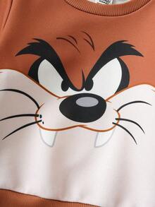 LOONEY TUNES X SHEIN طقم بناطيل رياضية وبلوزة بطباعة حيوانات كرتونية جميلة للأطفال الصبيان، مناسب للخريف والشتاء - بني - مشاهدة 5