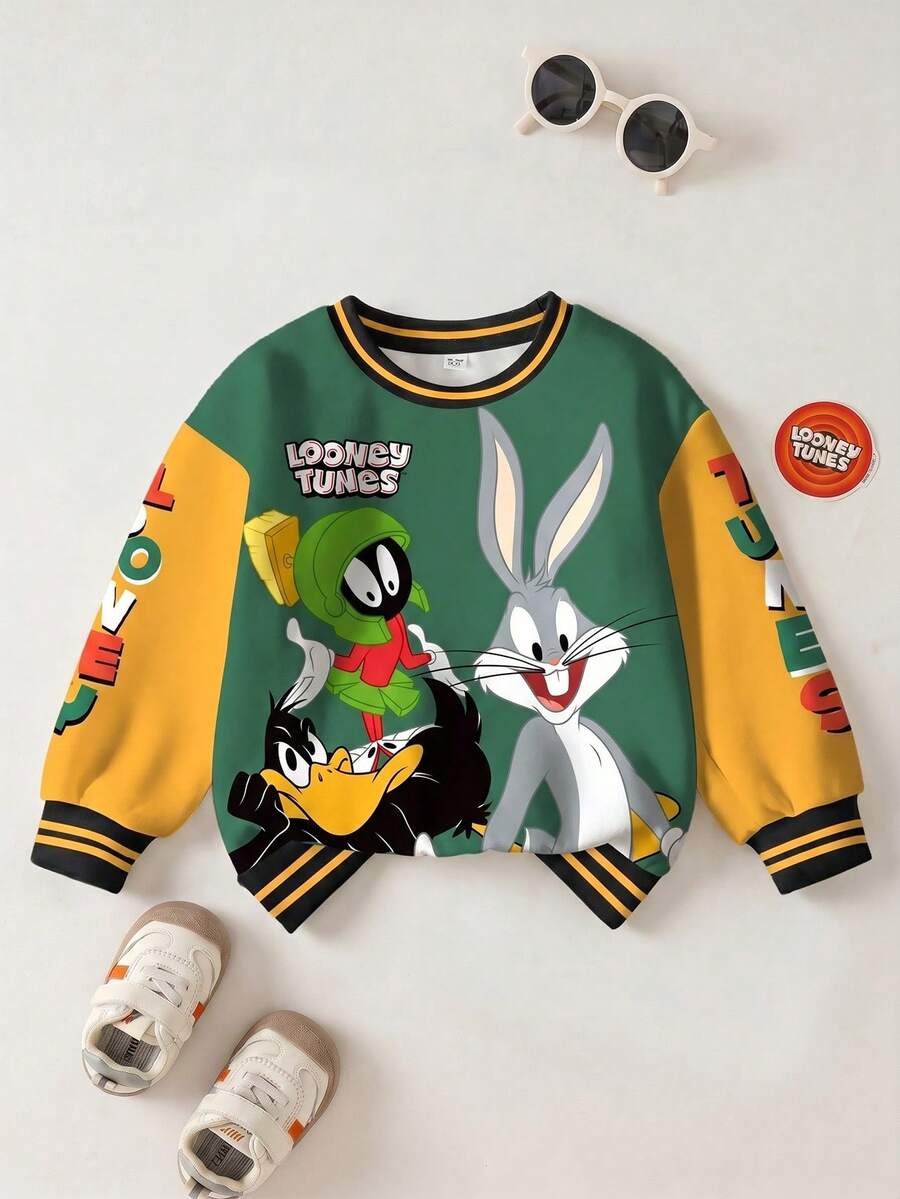 LOONEY TUNES X SHEIN 男童休闲拼色卡通图案圆领保暖卫衣,秋季 - 白色 - 查看 1