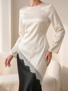 Graceveil Elegant Lace Patchwork Asymmetric Long Sleeve Top, Apricot, Suitable For Women, Spring/Summer Clothing - Apricot - View 7
