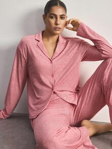 Ocili Set Piyama Motif Bunga Lembut dengan Kerah, Atasan Lengan Panjang dan Celana untuk Wanita - Dusty Pink - View 2