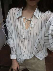 DAZY Women's Striped Elegant Spring/Summer Airy Versatile Long Sleeve Shirt - Apricot - View 5