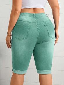 Firerie Plus Size Solid Color Zipper Fly Denim Shorts Suitable For Daily Wear - Mint Green - View 2