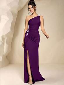 Coutiva Rhinestone Asymmetric Neckline Thigh-High Slit Wrap Dress - Purple - View 1