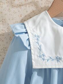 Souflis Souflis 4-7Y Young Girl' French Retro Light Blue Casual Princess Loose Comfortable Floral Embroidery Lace Trim White Contrast Collar Long Sleeve Dress Wedding - Blue and White - View 6