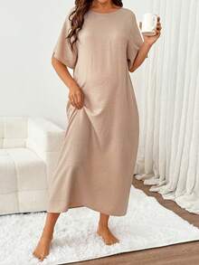 Slowluna Maternity Round Neck Solid Color Casual Daily Wear Maternity Dress Loungewear Pajama Nightgown Robe  - Apricot - View 6