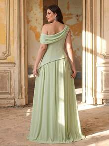 Aureia Plus Size Elegant Luxurious Sage Green Summer Dress,Satin & Chiffon Patchwork Asymmetric Ruched A-Line Hem Formal Wedding Evening Party Bridesmaid - Mint Green - View 3