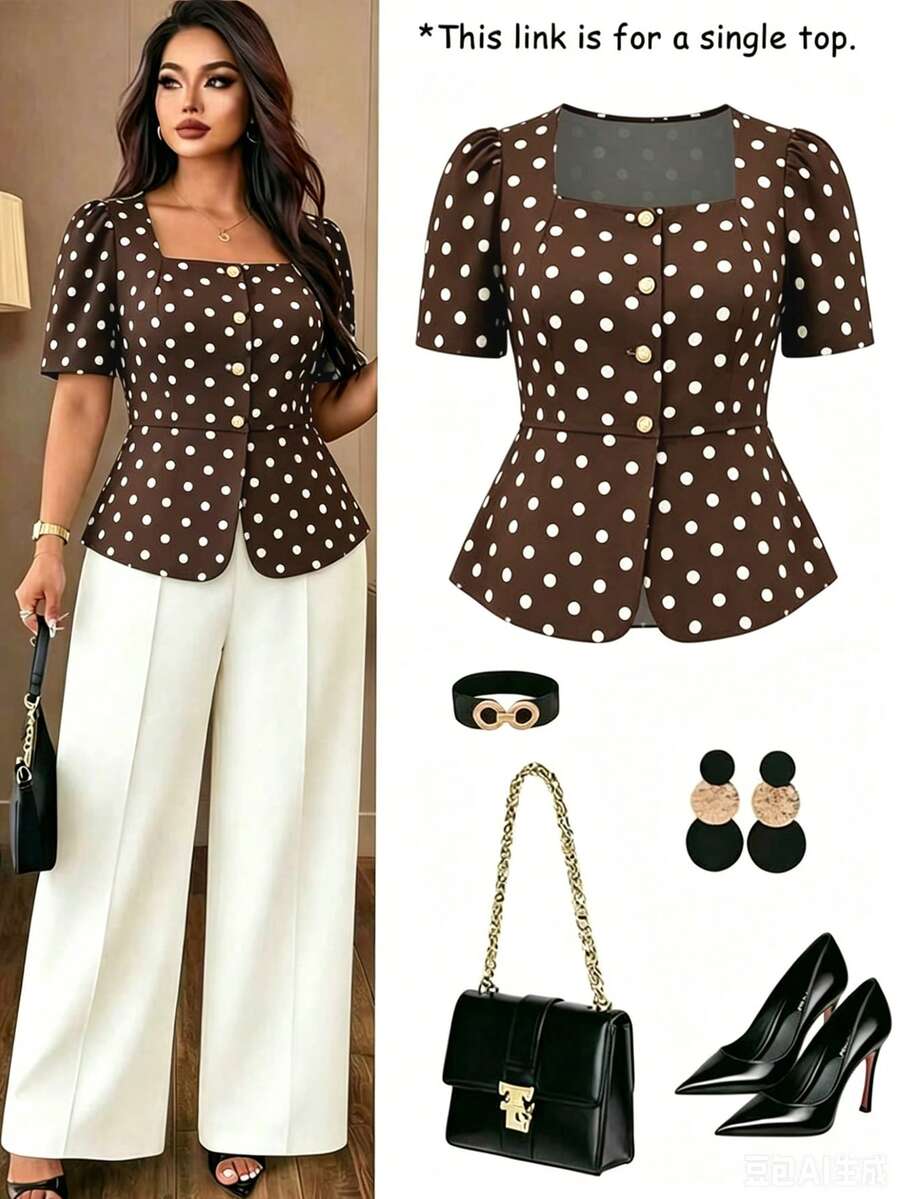 Auvina Plus Size Square Neck French Vintage Polka Dot Casual Commuter Blouse Spring Party Gathering Outing Top - Brown - View 1