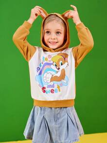 LOONEY TUNES X SHEIN Young Girl Cute Rabbit Ear Design Graphic Sweatshirt, Cartoon Adorable Casual Style, Suitable For Spring Autumn Winter - Camel - View 3