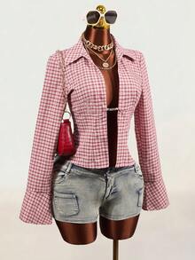 Mistrie Pure Cotton Button-Down Long-Sleeved Polo Shirt With Hollowed-Out Design And Fringed Sleeves In Pink Plaid Check Pattern. 2000s Y2k Night Out Autumn - Red - View 7