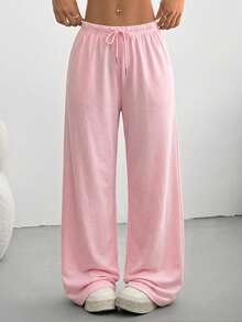 SHEIN Tall CURVE 大尺碼女款純色抽繩腰休閒軟牛仔日常運動褲居家輕便褲 夏季健身工作淺粉色 - 粉色 - 查看 3