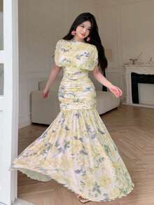 Modelyn 女款粉色網紗花卉印花夏季百褶優雅高雅時尚長洋裝，適合外出與晚宴派對 - 黃色 - 查看 6