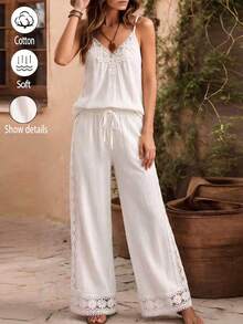 Zayélia Women's Floral Applique Pleated Camisole Top And Long Pants Casual Daily Two Pieces Set - White - View 4
