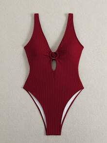 Swim Vcay 新款女款夏季細肩帶綴珠露背紋理提花面料深V領性感海灘度假連身泳衣 - 酒紅色 - 查看 5