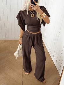 SHEIN EZwear Women's Solid Color Pleated Top And Elastic Waist Long Pants Casual Daily Set Brunch Dark Brown Summer - Coffee Brown - View 6