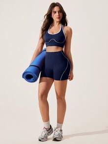 SHEIN Sports 一套藏蓝色无缝女士运动套装，露背无袖设计，柔软舒适贴身，适合健身、跑步、休闲、瑜伽等场合。 - 藏蓝色 - 查看 7