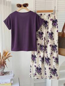SHEIN Tween Girl Loose Casual Simple Comfortable Round Neck Short Sleeve Striped T-Shirt And Long Pants Set - Purple - View 2