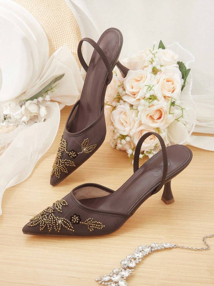CUCCOO HITCHD 夏季新款刺繡蕾絲亮片尖頭紅酒杯跟優雅浪漫網紗女款高跟鞋一腳蹬新娘鞋約會優雅穿搭 - 棕色 - 查看 1