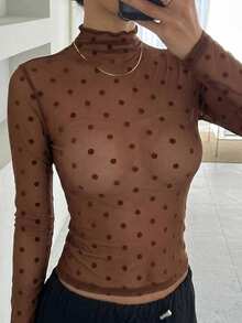 DAZY 女款立領波點修身透視休閒上衣 - 咖啡棕 - 查看 4