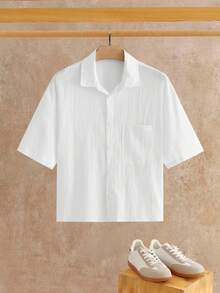 HIMLAND Men's Checkered Camp Collar Shirt In Earthy Brown. Relaxed Fit, Fabric. Layer Over Tanks Or Button Up For Vintage Summer Style. - White - View 3