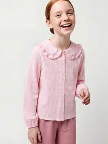 Maija Kids Maija Kids Tween Girl Casual Cute Preppy College Style Daily Peter Pan Collar Ruffle Trim Light Pink Soft Fashion Versatile Shirt Back-To-School Autumn - Pink - View 1