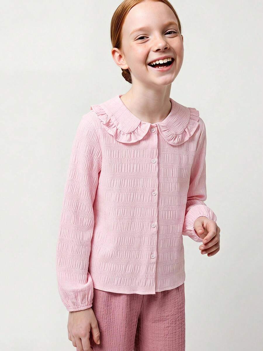 Maija Kids Maija Kids Tween Girl Casual Cute Preppy College Style Daily Peter Pan Collar Ruffle Trim Light Pink Soft Fashion Versatile Shirt Back-To-School Autumn - Pink - View 1