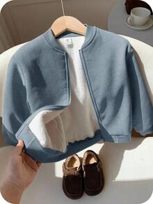 SHEIN 兒童小男孩燈芯絨加絨超大拉鍊夾克棉墊外套，適合通勤、上學、日常休閒、大學校園、外出與運動，秋冬款 - 霧霾藍 - 查看 1