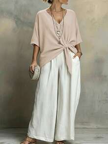 Weeklong Plus Size Casual Vacation Loose Hem V-Neck Short Shirt Beach Apricot Summer - Khaki - View 5