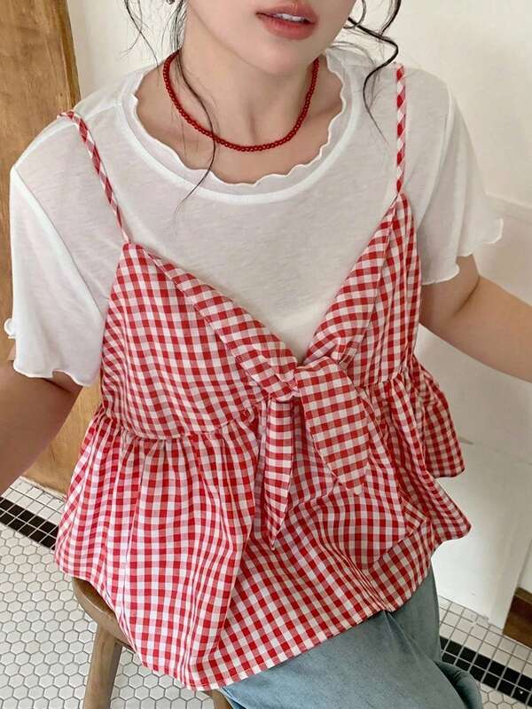 Dazy Plus Plus Size Women Solid Color Round Neck White Top Plaid Camisole 2pcs Set Summer