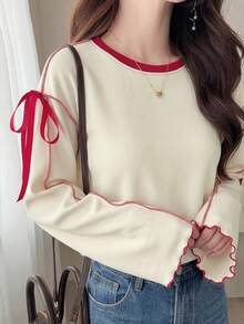 FRIFUL Women's Wavy Ruffle Edge Striped Loose Colorblock Trim Short Sleeve T-Shirt Summer Top Cute Tops - Beige - View 4