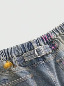 ROMWE Avant Y2K Music Festival Casual Street Graffiti Ink Wash Light Blue Versatile Plus Size DenimBermuda Shorts - Blue - View 4