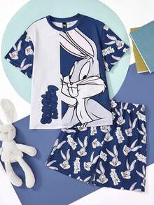 LOONEY TUNES X SHEIN 青少年男孩卡通兔子印花休闲短袖 T 恤和短裤舒适睡衣套装 - 彩色 - 查看 8