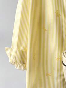SHEIN 青少年女孩休閒日常百搭舒適翻領蝴蝶結圖案條紋襯衫 - 粉色 - 查看 4