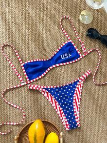 Swim Mod 新款女款海灘泳衣套裝 夏季新品 海灘與海邊通用 可正反穿 2 件套 貼身版型 藍紅配色 雙面穿 2 件套 美國國旗印花 星星印花 紅白條紋印花 字母印花 可調節比基尼上衣 可調節比基尼褲頭 適合夏季海灘 泳池 度假穿著 - 彩色 - 查看 8