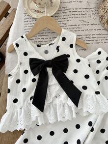 Emery Rose Kids Emery Rose Kids Young Girl Dotty 小女孩甜美背心套裝 - 黑與白 - 查看 4