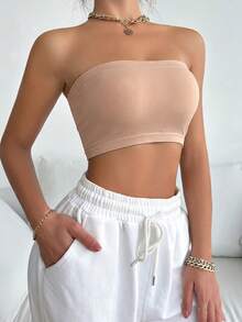 SHEIN 1 pieza Ropa interior cómoda sin tirantes de unicolor para mujer - Albaricoque - Ver 4