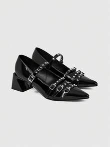 ROMWE Grunge Punk Elegant Pointed Toe Chunky Heel Lacquer Leather Pumps For Christmas Y2K 2000s Style - Woohoo - View 2