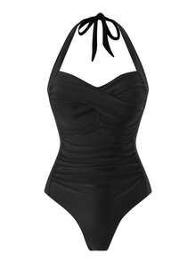 Swim Oasis Conjunto de vestido largo de una pieza para mujer con cuello halter, asimétrico y de unicolor - Negro - Ver 5