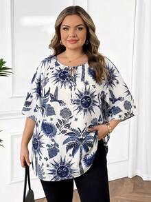 SHEIN CURVE+ CURVE PLUS /情人節/大尺碼女款領結領休閒百搭日常通勤中袖襯衫 - 藍色 - 查看 5
