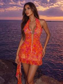 SHEIN Glamour Women's Spring/Summer Vacation Sexy Halter Neck Metal Decor Bow Pleated V-Neck Printed Beach Top - Multicolor - View 4