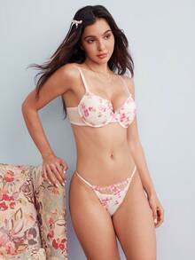 Elorette 2pcs Hot Pink Underwire Molded Cup Comfy Balconette Push Up Embroidered Floral Pattern High Support Lift And Gather Romantic Cute Women's Lingerie Set - Pink - View 4