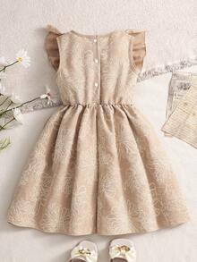 SHEIN Genkimix Kids Young Girl Khaki White Floral Texture Flutter Sleeve A-Line Dress, Vacation Party Outgoing Graduation Fall - Khaki - View 2