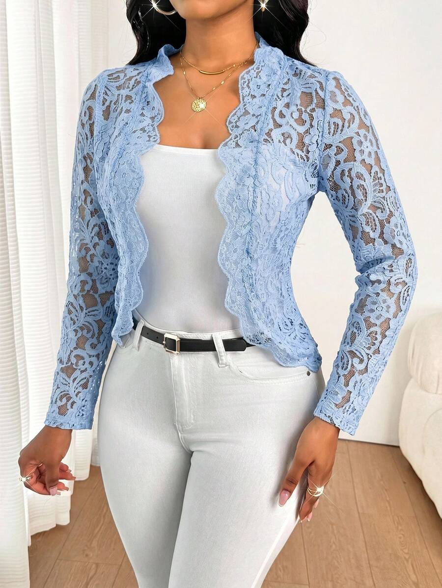 SHEIN Lady 女款嬰兒藍花卉蕾絲透視長袖開襟短版開襟衫外套罩衫,優雅休閒,適合派對、婚禮賓客、教堂、辦公室 - 淺藍色 - 查看 1