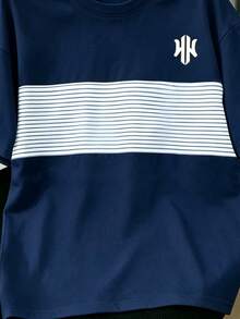 SHEIN Boys' Blue Base Blue & White Striped All-Over Print Short Sleeve T-Shirt, All-Match Versatile Casual Daily Wear, Suitable For Outings And Street, Spring Summer Autumn - Multicolor - View 4
