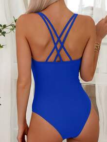 Swim Basics Women's Solid Color Minimalist One-Piece Swimsuit For Beach Vacation - Royal Blue - View 2
