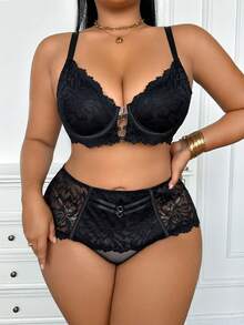 SHEIN 女款大尺碼性感蕾絲拼接內衣套裝 2件組 - 黑色 - 查看 3
