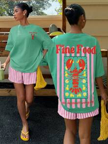 Comfortcana Oversize T-Shirts Casual Minimalist Shrimp Pattern Crew Neck Short Sleeve Ultra Loose Plus Size T-Shirt, Beach Holiday Vacation Mint Green Summer - Green - View 3