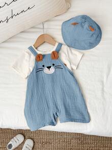 SHEIN Unisex Newborn Baby Boy/Girl 100% Cotton 2pcs Spring/Summer Cute Little Lion Design Crinkle Fabric 3D Shorts Suspenders And Hat Set, Baby Rompers, Baby Summer Outfit, Baby Summer Clothes - Dusty Blue - View 6