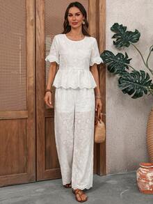 EMERY ROSE Women's Vacation Hollow Embroidery Ruffle Hem Shirt And Pants Casual 2 Pieces Set - White - View 8