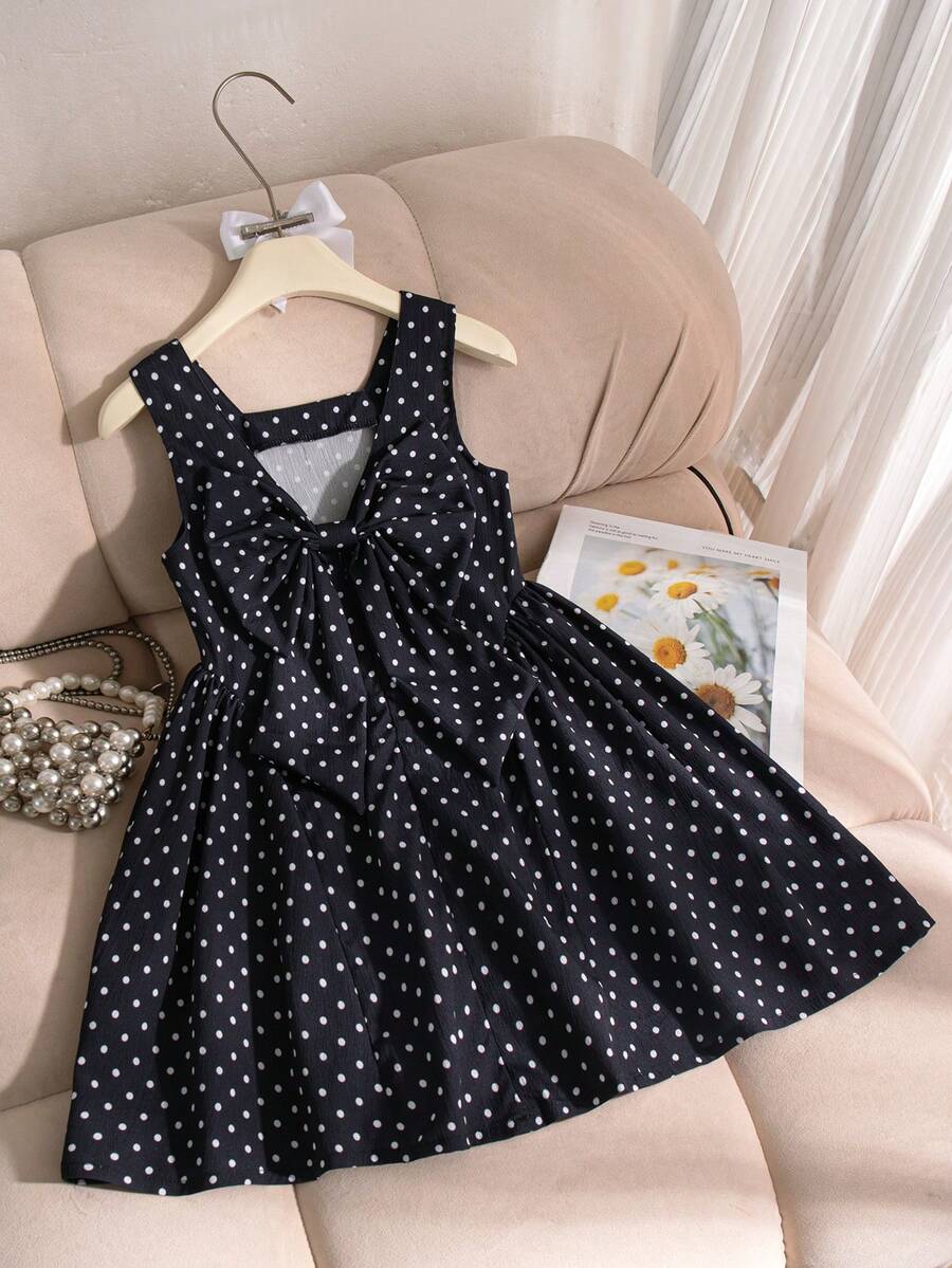 SHEIN Elladie kids 1件少女夏季新款露肩無袖背心上衣 波點印花 後背小V領設計 隱形拉鍊 3D可拆式大蝴蝶結 大下擺 側面抓皺 簡約百搭沙灘度假洋裝